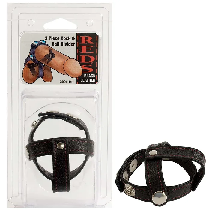 Doc Johnson Male Sex Toys Reds Leather Cock Ball Straps 3 Piece Cock Ball Divider