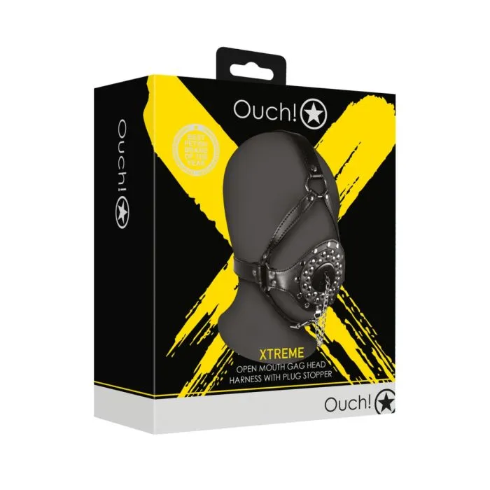 Male Sex Toys Ouch Xtreme Open Mouth Gag Head Harness with Plug Stopper Ouch