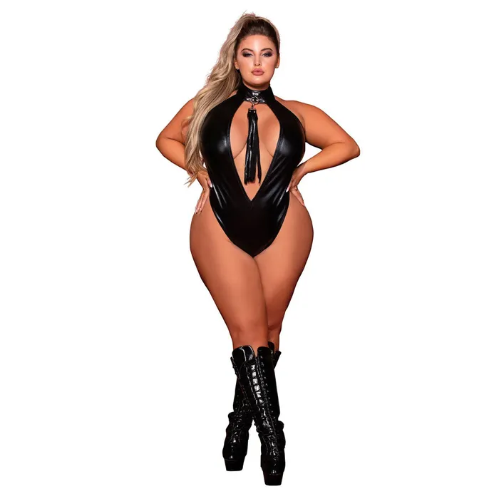 Couples Dreamgirl Lingerie FauxLeather Halter Teddy with Studded Collar Flogger Black 12450X DREAMGIRL