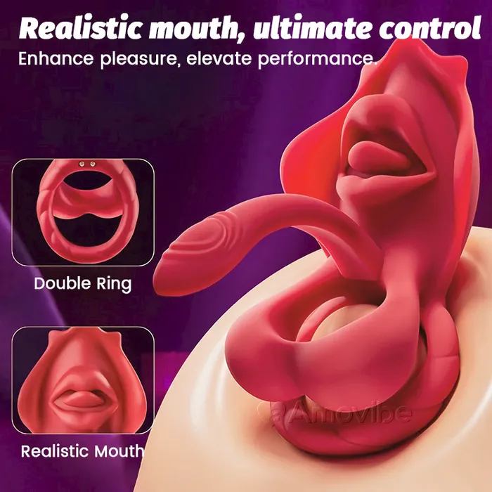 Male Sex Toys Amovibe Cock Ring with Vibrations and Realistic Kissing Mouth