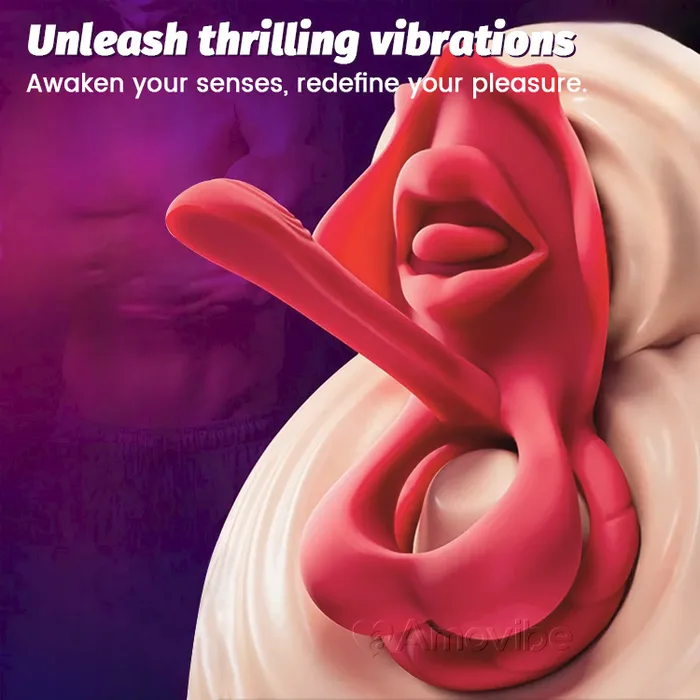 Male Sex Toys Amovibe Cock Ring with Vibrations and Realistic Kissing Mouth