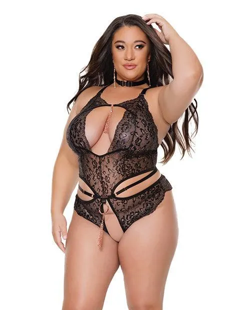 Coquette International Vibrators Pleasure Collection Crotchless Teddy wRemovable Tassels Black QN