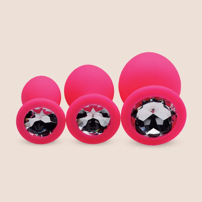 Pink Pleasure Anal Plugs With Gems 3 piece silicone butt plug set XR Brands Anal