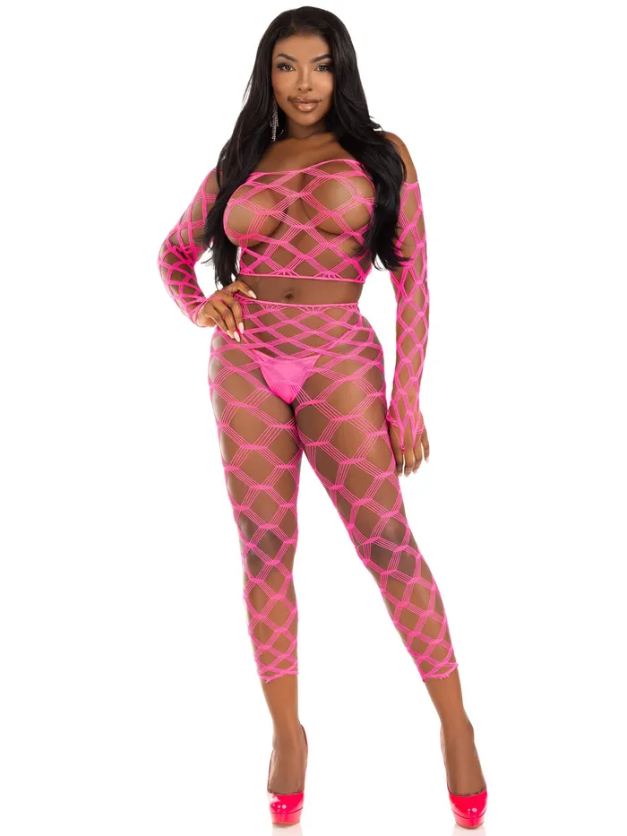 2 Pc Net Crop Top and Footless Tights One Size Neon Pink Leg Avenue Vibrators