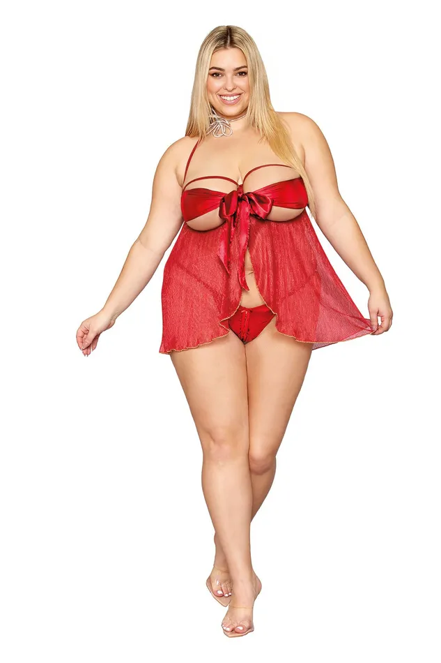 Dreamgirl Teddies And Bodies Bow Babydoll and Thong Queen Size Ruby