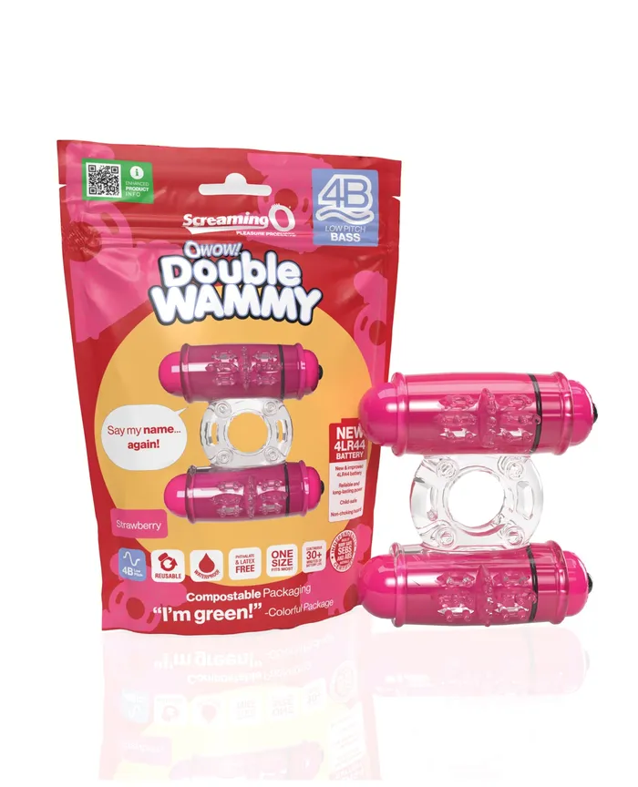 4B Double Wammy Silicone Dual Vibrating Couples Cock Ring Strawberry Screaming O Couples