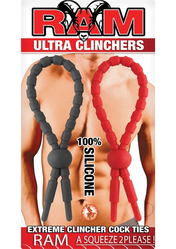 Anal Ram Ultra Clinchers Silicone Cock Ties 2 each per pack BlackRed Ram