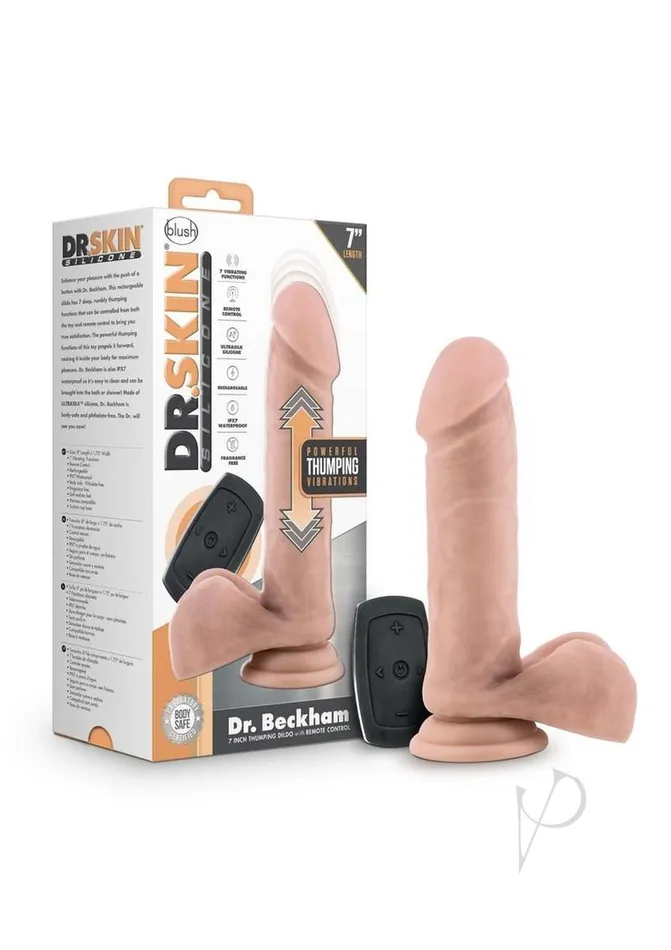 Dr Skin Female Sex Toys Dr Skin Platinum Collection Silicone Dr Beckham Rechargeable Thumping Dildo with Remote Control 7in Vanilla Dr Skin Female Sex Toys Dr Skin Platinum Collection Silicone Dr Beckham Rechargeable Thumping Dildo with Remote Control 7in Vanilla