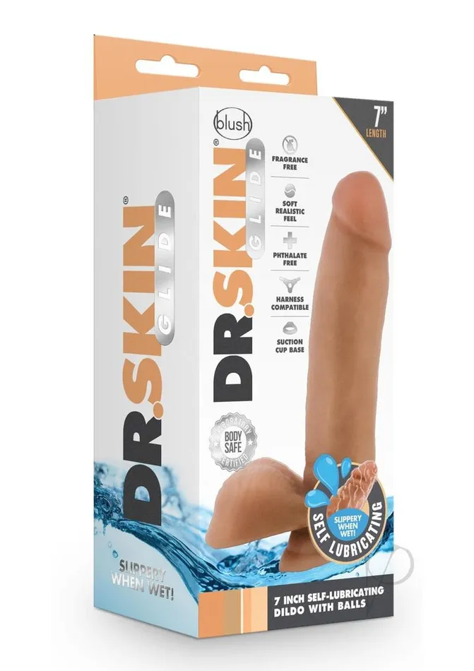 Dr Skin Glide Gold Collection Self Lubricating Dildo with Balls 7in Caramel Dr Skin Female Sex Toys Dr Skin Glide Gold Collection Self Lubricating Dildo with Balls 7in Caramel Dr Skin Female Sex Toys