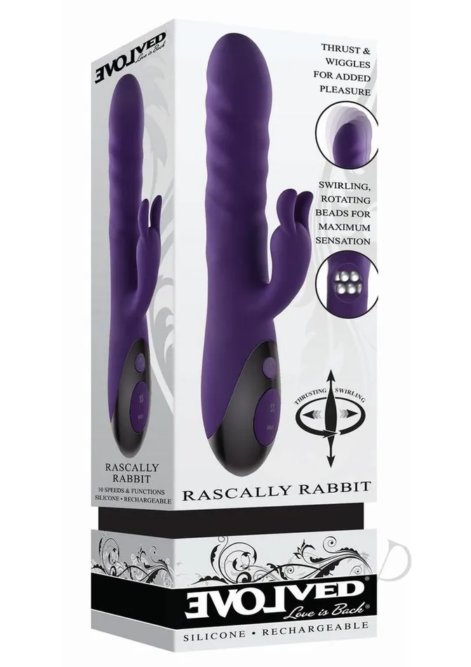 Evolved Vibrators Rascally Rabbit Rechargeable Silicone Thrusting Rotating Vibrator Purple