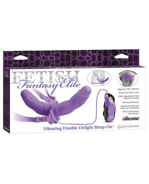 Female Sex Toys Fetish Fantasy Elite Vibrating Double Delight Strap On Silicone with Wired Remote Control 10in Purple Fetish Fantasy Elite