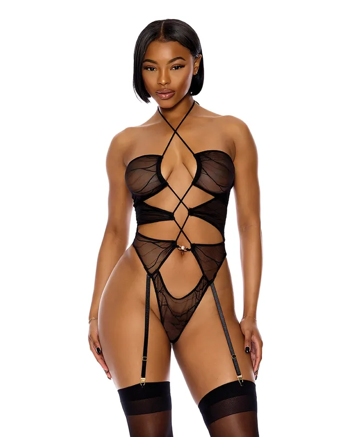 FORPLAY Anal Pull My Strings Sheer Mesh Halterneck Teddy Black MD