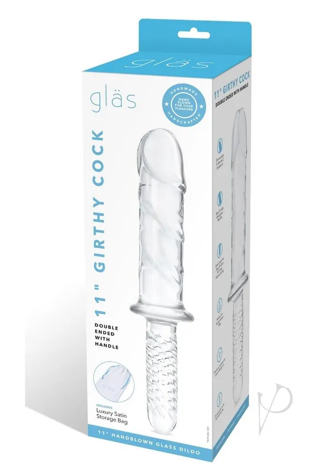 Glas Girthy Glass Cock Double Ended with Handle 11in Clear Glas Dildos