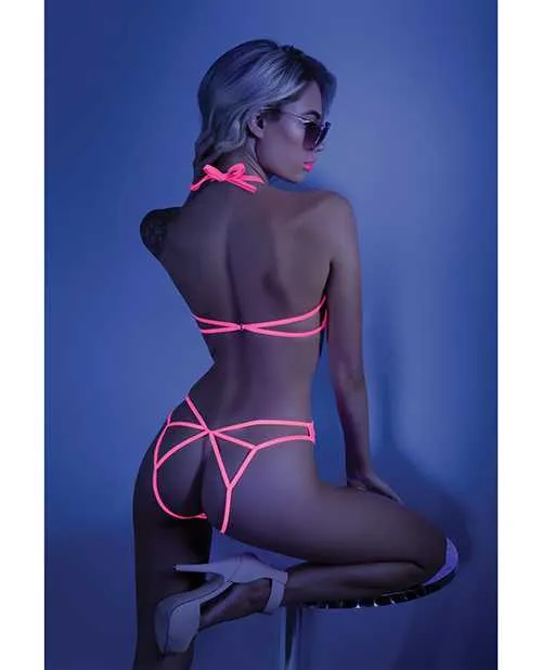 Glow By Fantasy Lingerie Dildos Glow Black Light Halter Bodysuit wOpen Sides Neon Pink ML