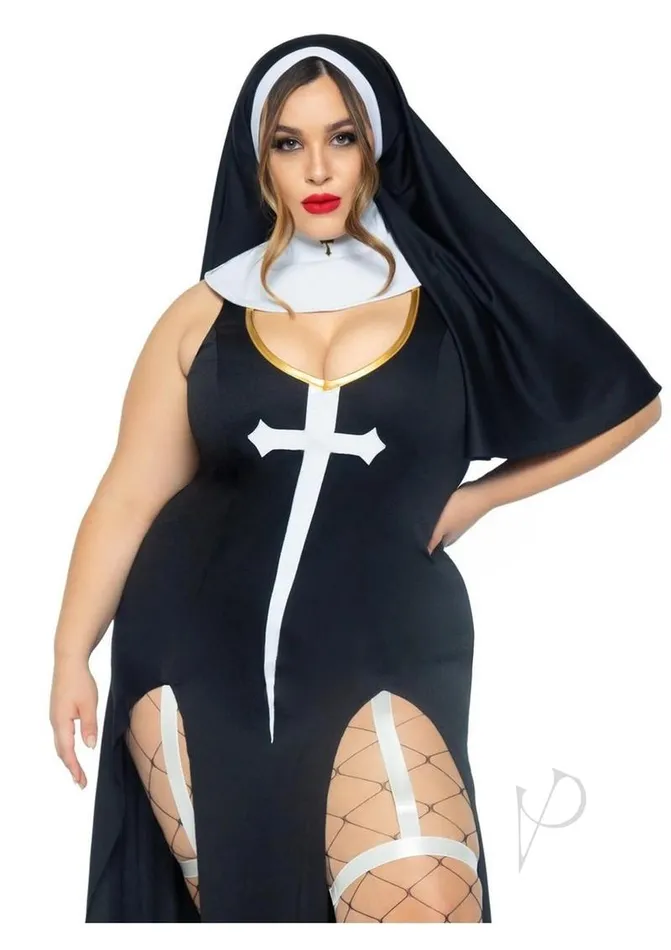 Leg Avenue Sultry Sinner Dual Slit Garter Dress with Vinyl Cross Detail Vinyl Collar and Nun Habit 3 Piece 3X4X BlackWhite Leg Avenue Vibrators