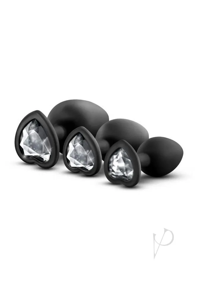 Luxe Luxe Bling Butt Plugs Silicone Training Kit with White Gems 3 size kit Black Anal