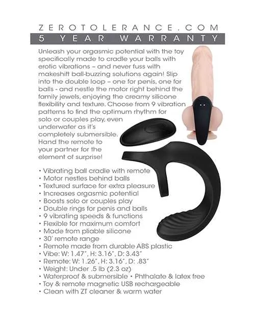 Male Sex Toys Zero Tolerance Vibrating Ball Cradle Silicone Rechargeable Cock Ring with Remote Control Black Zero Tolerance