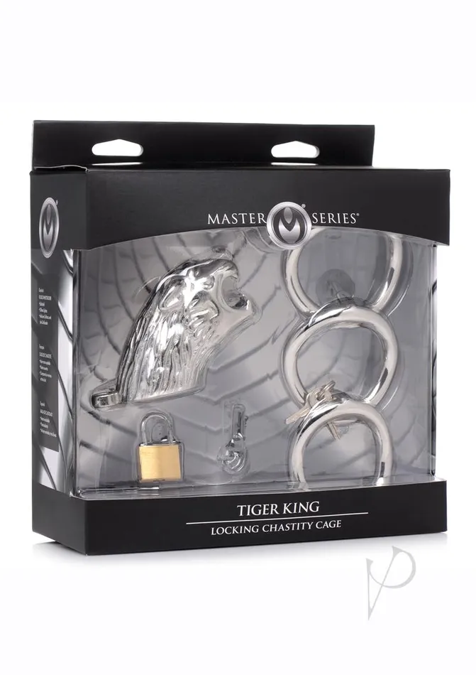 Master Series Male Sex Toys Master Series Tiger King Locking Chastity Cage Silver Master Series Male Sex Toys Master Series Tiger King Locking Chastity Cage Silver