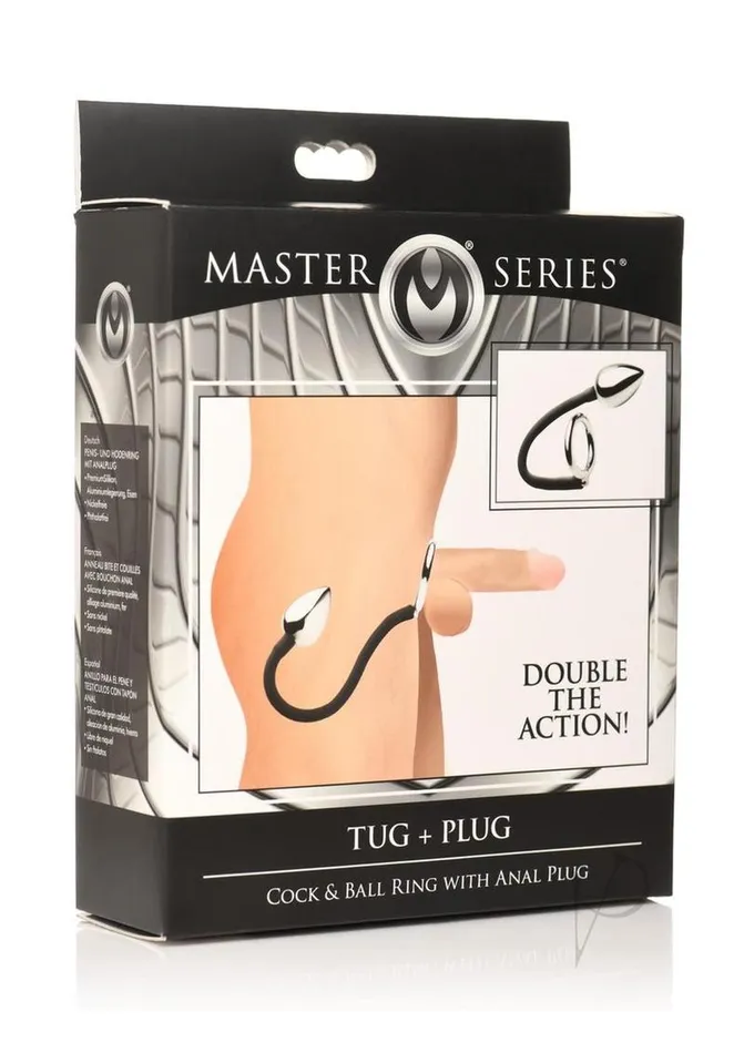 Master Series Tug Plug Aluminum Cock and Ball Ring with Anal Plug BlackSilver Master Series Male Sex Toys Master Series Tug Plug Aluminum Cock and Ball Ring with Anal Plug BlackSilver Master Series Male Sex Toys