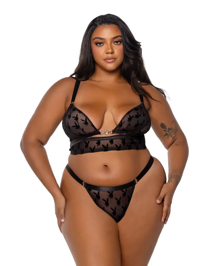 Playboy By Roma Anal Playboy Bunny Charm Mesh Bralette wThong 2 pc Set Black 1X Playboy By Roma Anal Playboy Bunny Charm Mesh Bralette wThong 2 pc Set Black 1X
