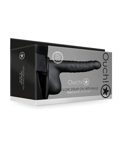 Shots Ouch 8 Ribbed Hollow Strap On wBalls Black Ouch Female Sex Toys Shots Ouch 8 Ribbed Hollow Strap On wBalls Black Ouch Female Sex Toys