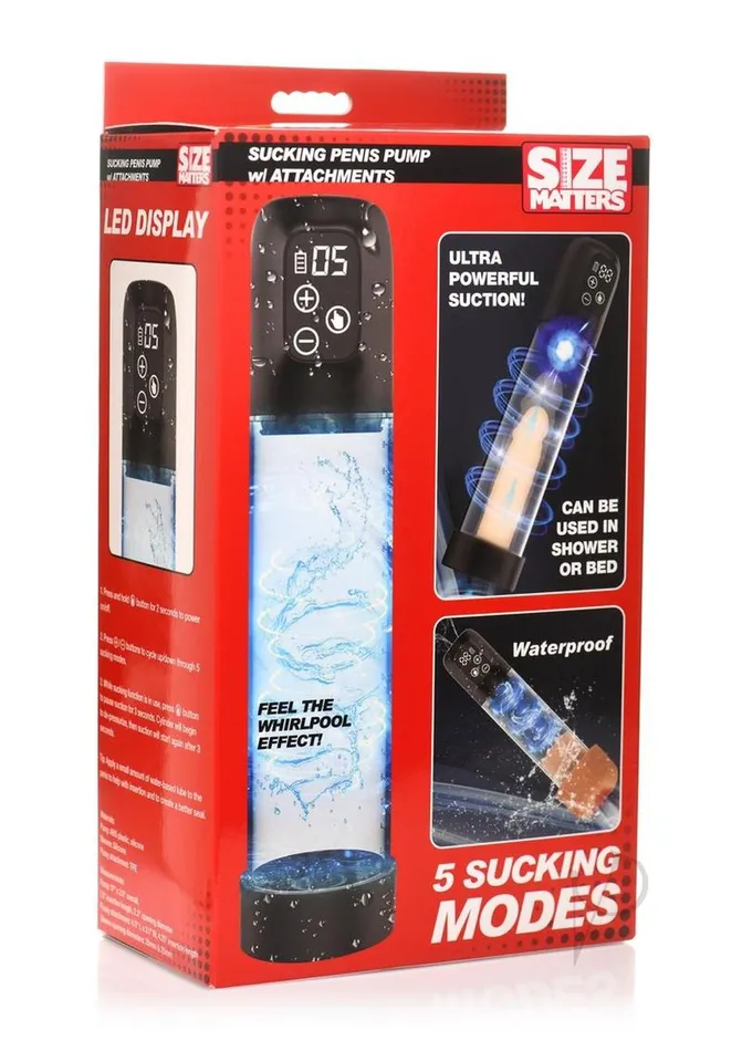 Size Matters 5X Rechargeable Sucking Penis Pump with Attachments BlackClear Size Matters Male Sex Toys Size Matters 5X Rechargeable Sucking Penis Pump with Attachments BlackClear Size Matters Male Sex Toys