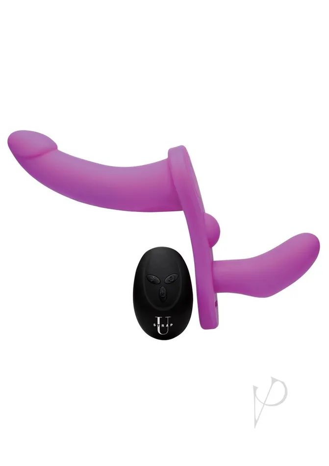 Strap U Female Sex Toys Strap U Double Take Double Penetration Rechargeable Silicone Vibrating Strapon Harness with Remote Control Purple
