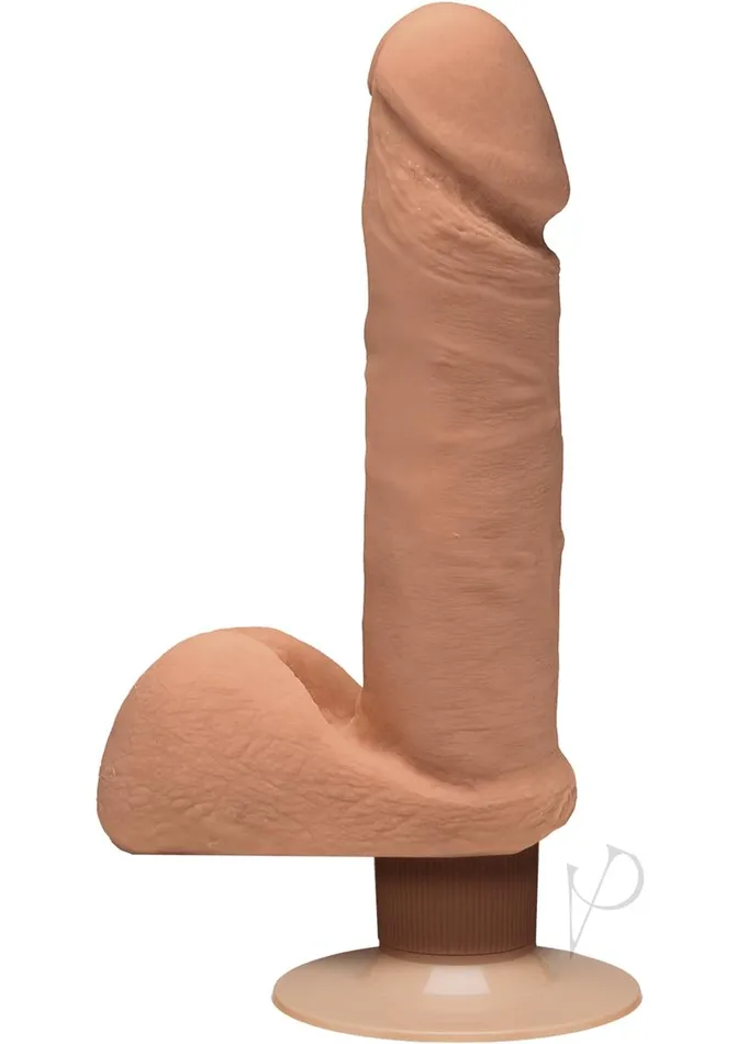 The D Female Sex Toys The D Perfect D Ultraskyn Vibrating Dildo with Balls 7in Caramel