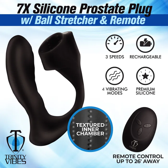 Trinity Men Male Sex Toys 7X Silicone Prostate Plug with Ball Stretcher and Remote