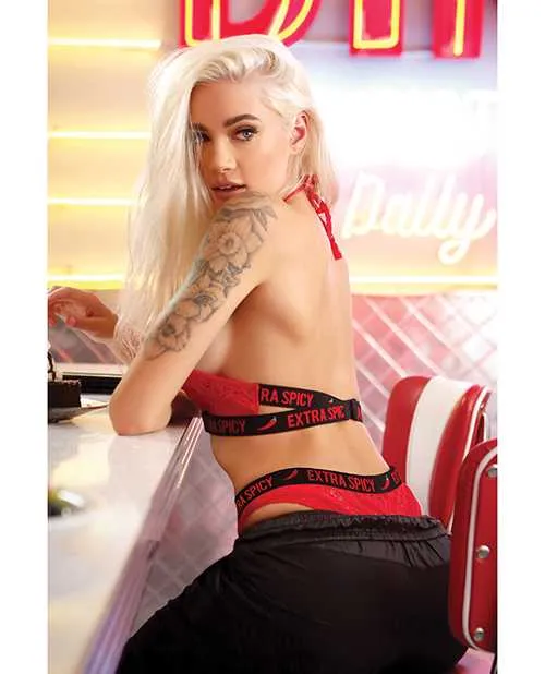 Vibes By Fantasy Lingerie Vibrators Vibes Extra Spicy Halter Bralette Cheeky Panty Chili Red ML