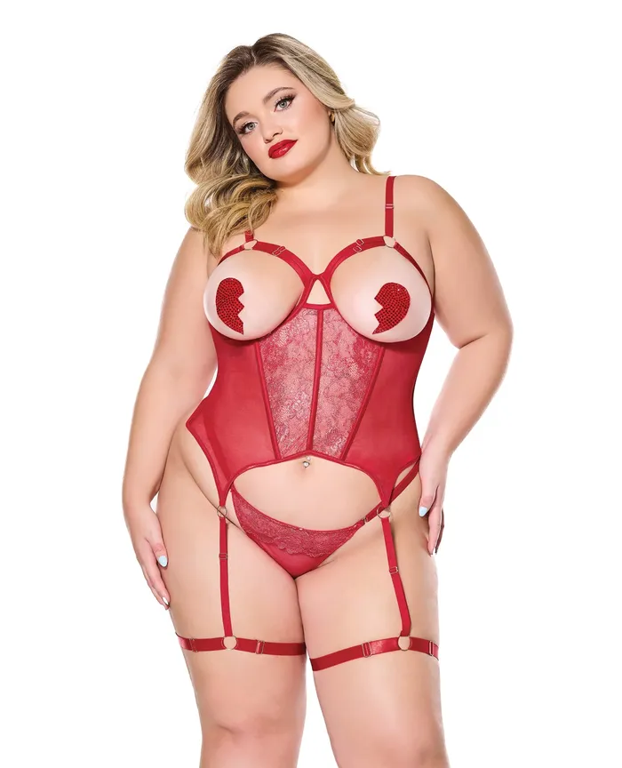 Vibrators Coquette Metallic Stretch Scallop Lace and Mesh Bustier wThong Red 1X2X