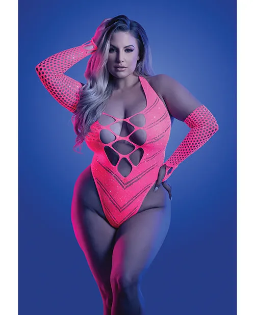 Vibrators Glow By Fantasy Lingerie Glow Flashback Black Light Reactive Rhinestone Teddy wGloves or Leg Warmers Neon Pink QN